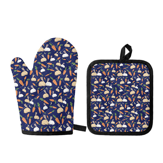 Carrot And Rabbit Pattern Print Oven Mitt And Pot Holder Set