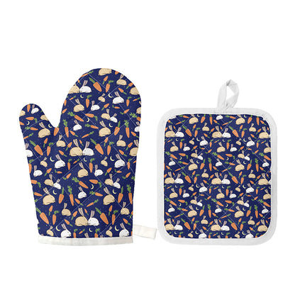 Carrot And Rabbit Pattern Print Oven Mitt And Pot Holder Set