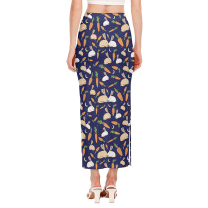 Carrot And Rabbit Pattern Print Side Slit Maxi Skirt