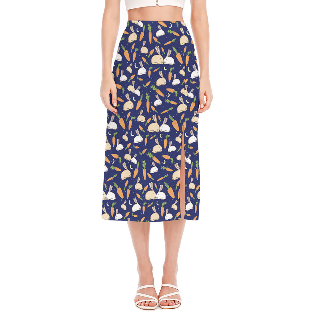 Carrot And Rabbit Pattern Print Side Slit Midi Skirt