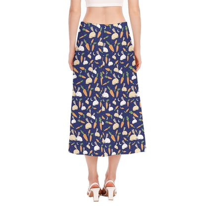 Carrot And Rabbit Pattern Print Side Slit Midi Skirt