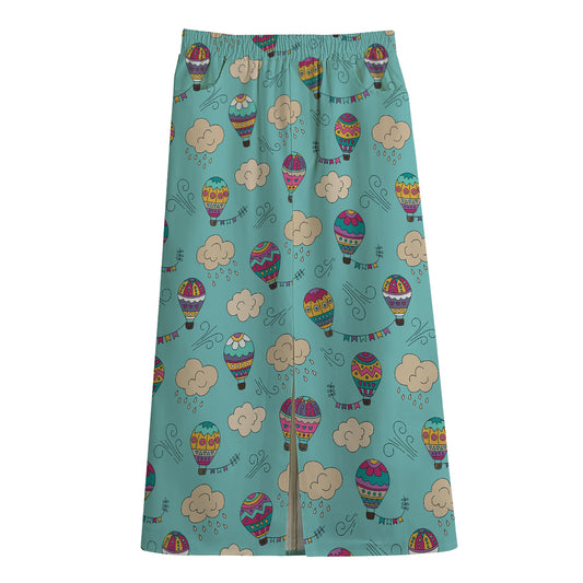 Cartoon Air Balloon Pattern Print Cotton Front Slit Maxi Skirt