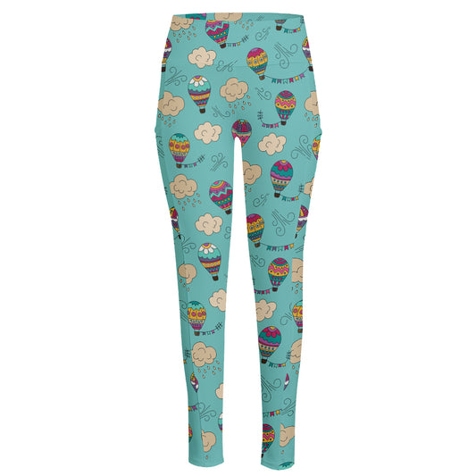 Cartoon Air Balloon Pattern Print High-Waisted Pocket Leggings
