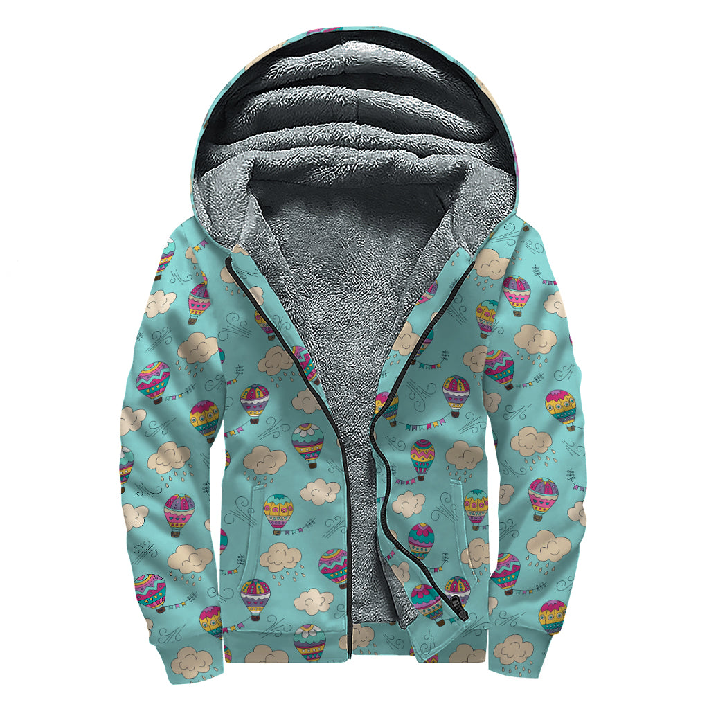 Cartoon Air Balloon Pattern Print Sherpa Lined Zip Up Hoodie