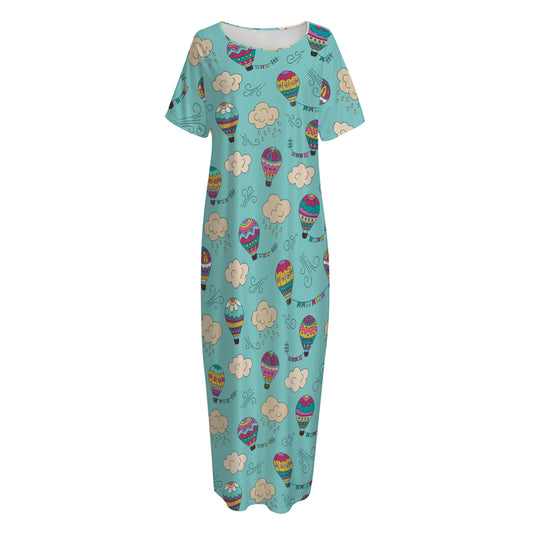 Cartoon Air Balloon Pattern Print Short Sleeve Long Nightdress