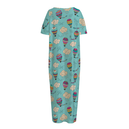 Cartoon Air Balloon Pattern Print Short Sleeve Long Nightdress