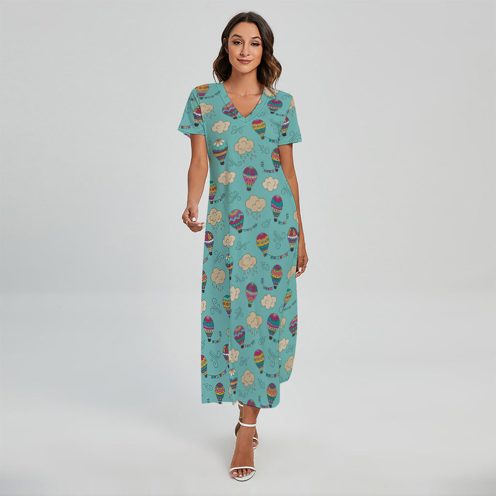 Cartoon Air Balloon Pattern Print Short Sleeve Maxi Dress