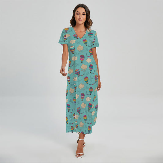Cartoon Air Balloon Pattern Print Short Sleeve Maxi Dress
