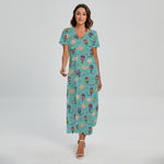 Cartoon Air Balloon Pattern Print Short Sleeve Maxi Dress