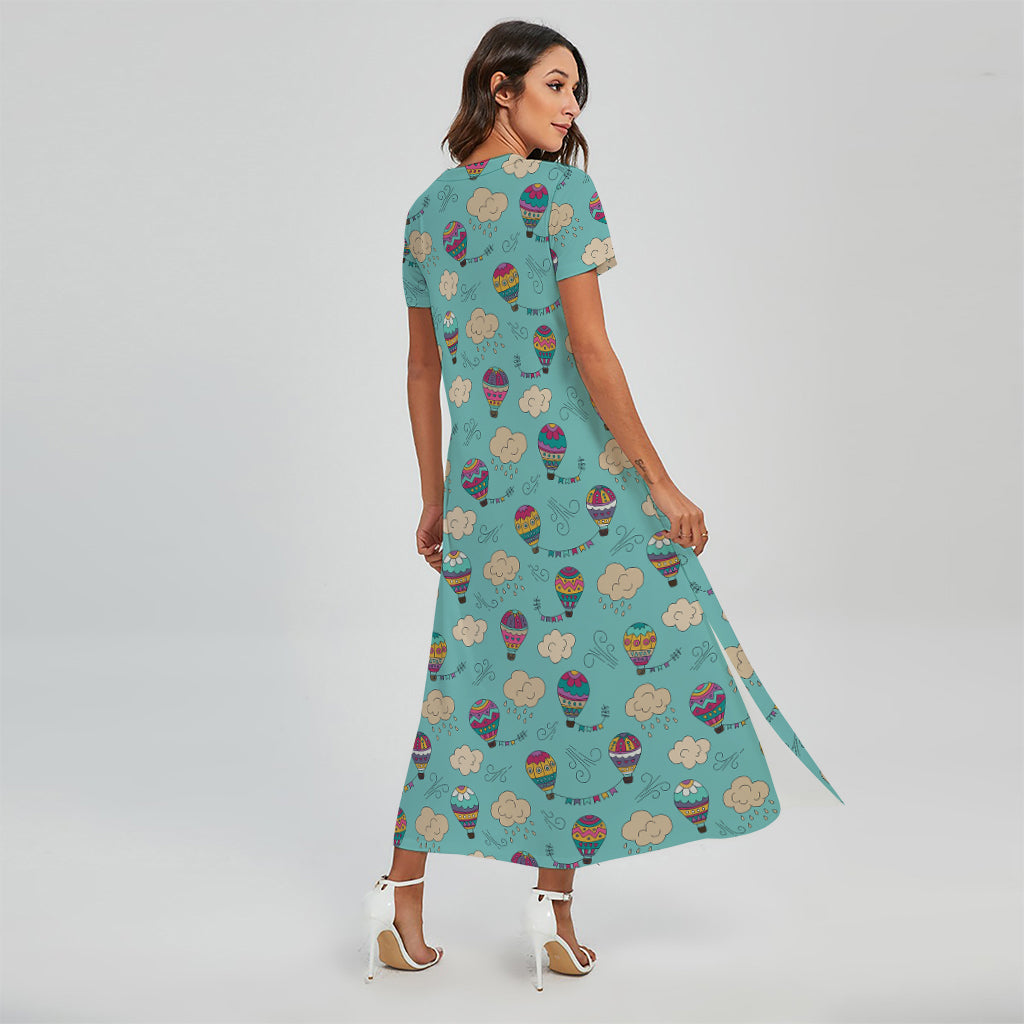 Cartoon Air Balloon Pattern Print Short Sleeve Maxi Dress