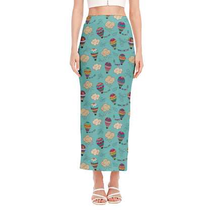Cartoon Air Balloon Pattern Print Side Slit Maxi Skirt