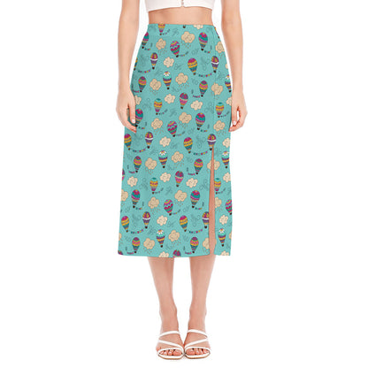 Cartoon Air Balloon Pattern Print Side Slit Midi Skirt