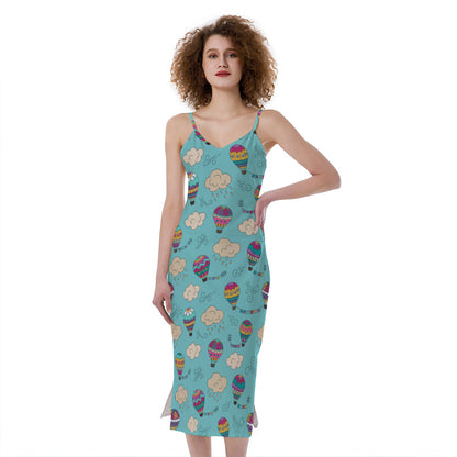 Cartoon Air Balloon Pattern Print Slim Fit Midi Cami Dress