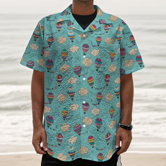 Cartoon Air Balloon Pattern Print Textured Short Sleeve Shirt