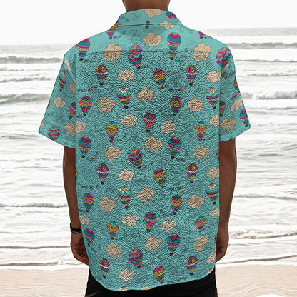 Cartoon Air Balloon Pattern Print Textured Short Sleeve Shirt