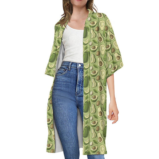 Cartoon Avocado Pattern Print Open Front Beach Cover Up