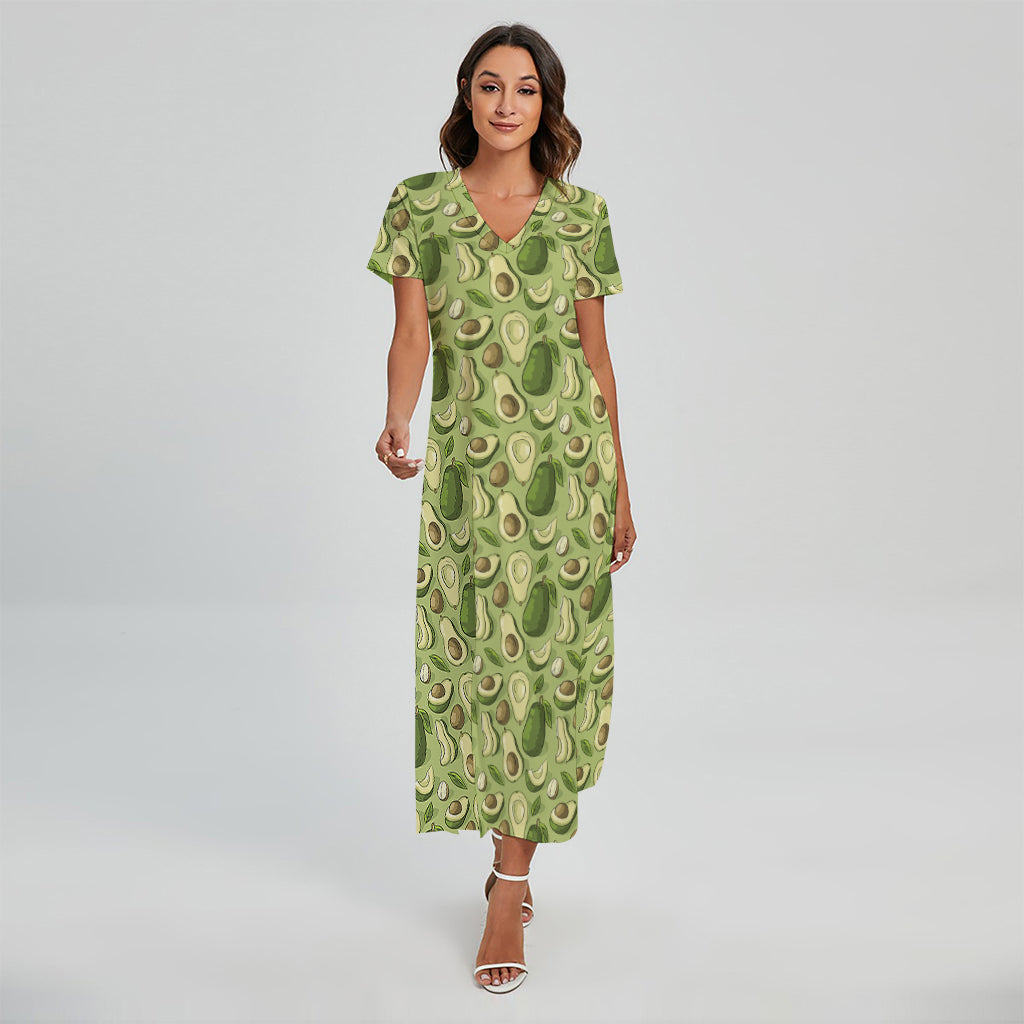 Cartoon Avocado Pattern Print Short Sleeve Maxi Dress