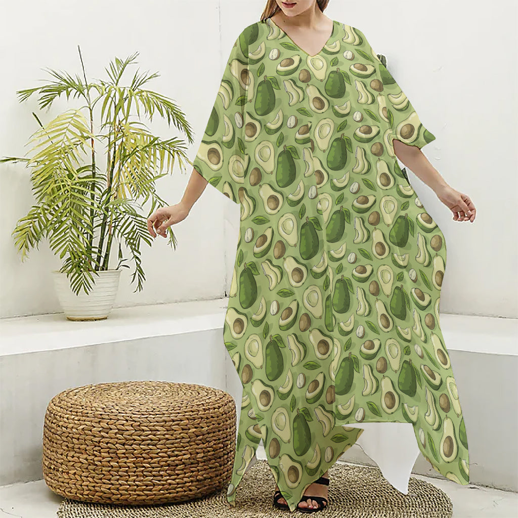 Cartoon Avocado Pattern Print Silk V-Neck Kaftan Dress