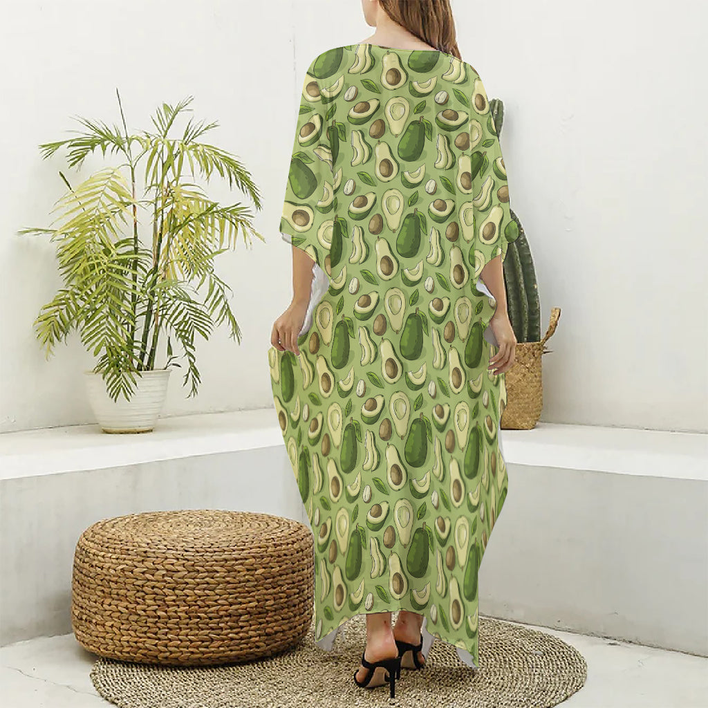 Cartoon Avocado Pattern Print Silk V-Neck Kaftan Dress