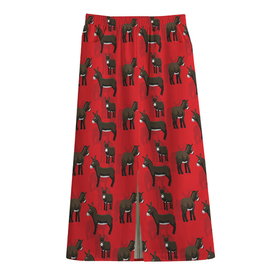 Cartoon Balearic Donkey Pattern Print Cotton Front Slit Maxi Skirt
