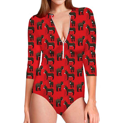 Cartoon Balearic Donkey Pattern Print Long Sleeve Swimsuit