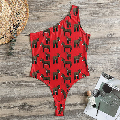 Cartoon Balearic Donkey Pattern Print One Shoulder Bodysuit