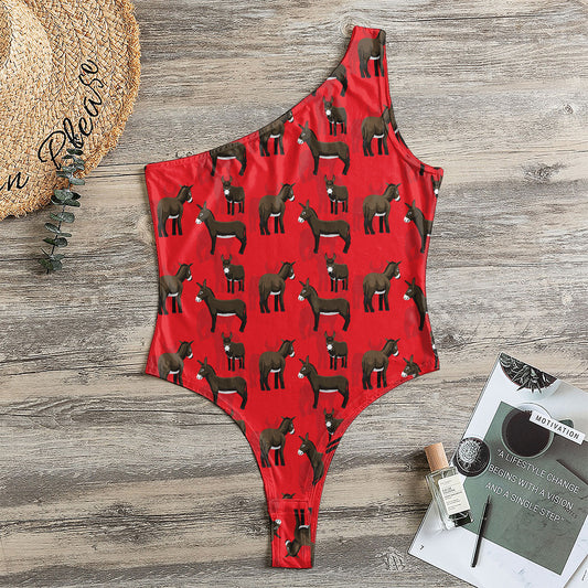 Cartoon Balearic Donkey Pattern Print One Shoulder Bodysuit