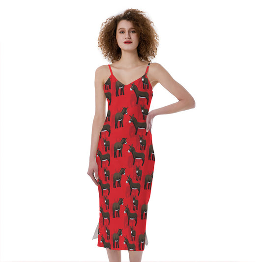 Cartoon Balearic Donkey Pattern Print Slim Fit Midi Cami Dress