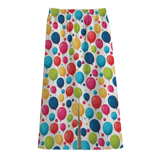Cartoon Balloon Pattern Print Cotton Front Slit Maxi Skirt