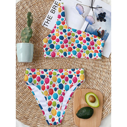 Cartoon Balloon Pattern Print One Shoulder Bikini Top