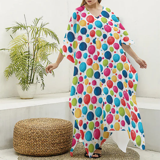 Cartoon Balloon Pattern Print Silk V-Neck Kaftan Dress