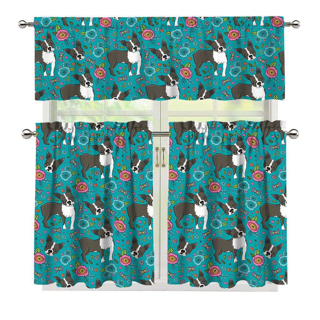 Cartoon Boston Terrier Flower Print 3 Piece Kitchen Curtains