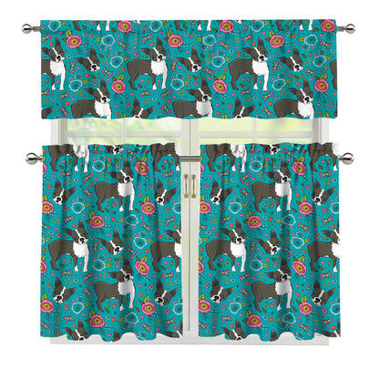 Cartoon Boston Terrier Flower Print 3 Piece Kitchen Curtains