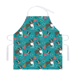 Cartoon Boston Terrier Flower Print Adjustable Apron