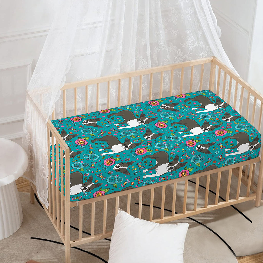 Cartoon Boston Terrier Flower Print Baby Crib Sheet