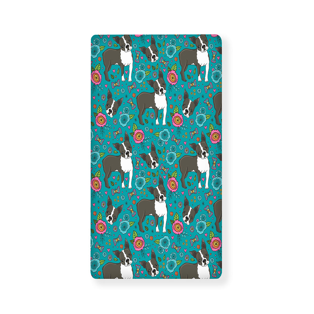 Cartoon Boston Terrier Flower Print Baby Crib Sheet