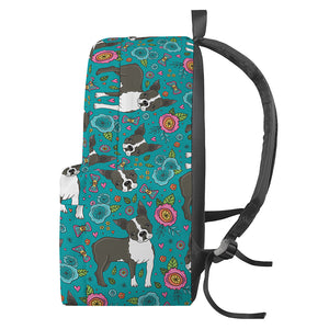 Cartoon Boston Terrier Flower Print Backpack