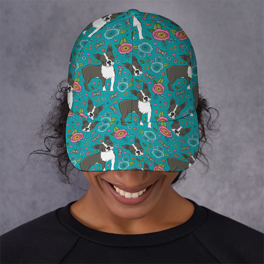 Cartoon Boston Terrier Flower Print Baseball Cap