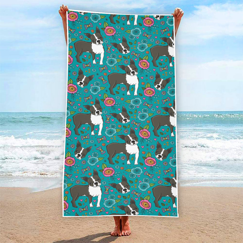 Cartoon Boston Terrier Flower Print Beach Towel