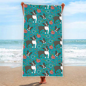 Cartoon Boston Terrier Flower Print Beach Towel