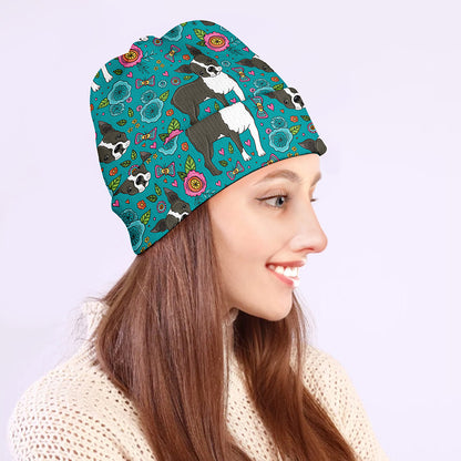 Cartoon Boston Terrier Flower Print Beanie