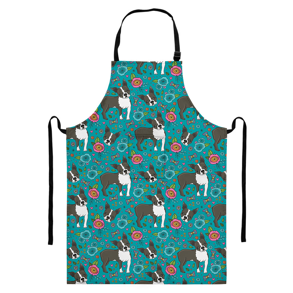Cartoon Boston Terrier Flower Print Bib Apron With Pocket