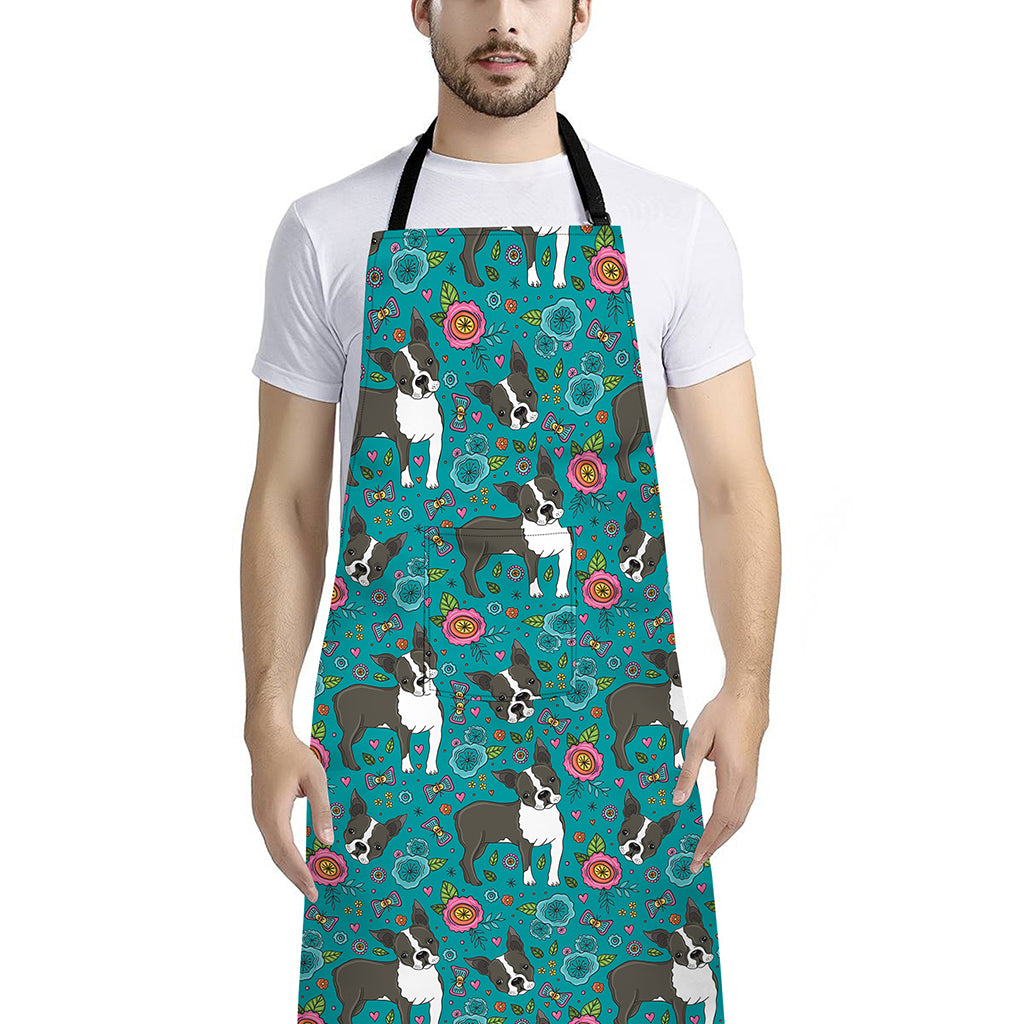 Cartoon Boston Terrier Flower Print Bib Apron With Pocket