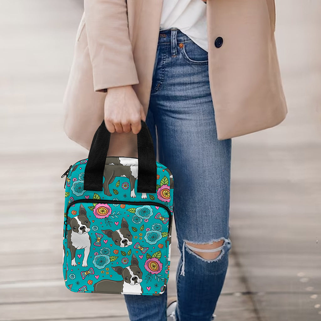 Cartoon Boston Terrier Flower Print Bible Tote Bag