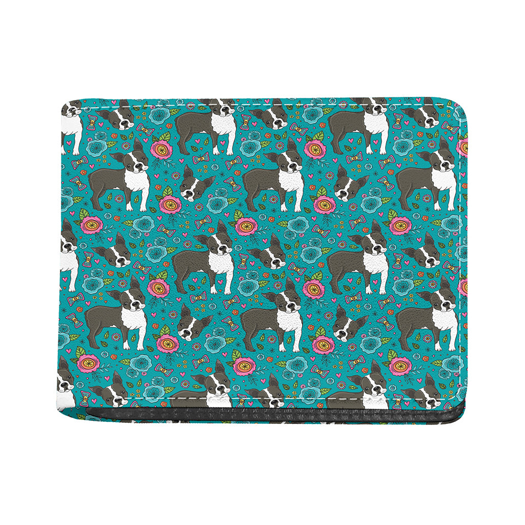 Cartoon Boston Terrier Flower Print Bifold Wallet