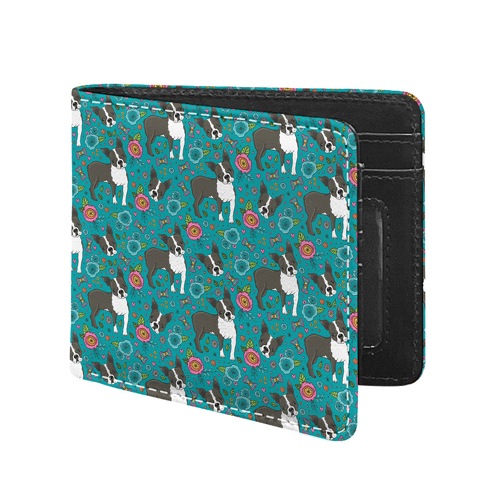 Cartoon Boston Terrier Flower Print Bifold Wallet