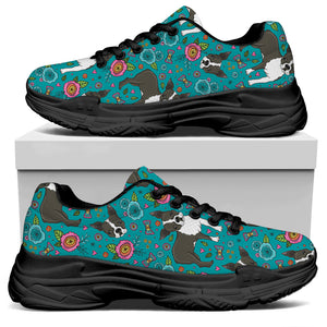 Cartoon Boston Terrier Flower Print Black Chunky Shoes