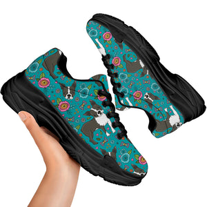 Cartoon Boston Terrier Flower Print Black Chunky Shoes