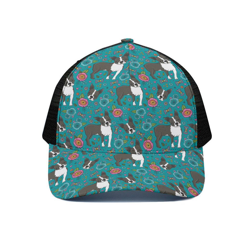 Cartoon Boston Terrier Flower Print Black Mesh Trucker Cap