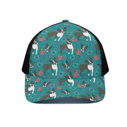 Cartoon Boston Terrier Flower Print Black Mesh Trucker Cap